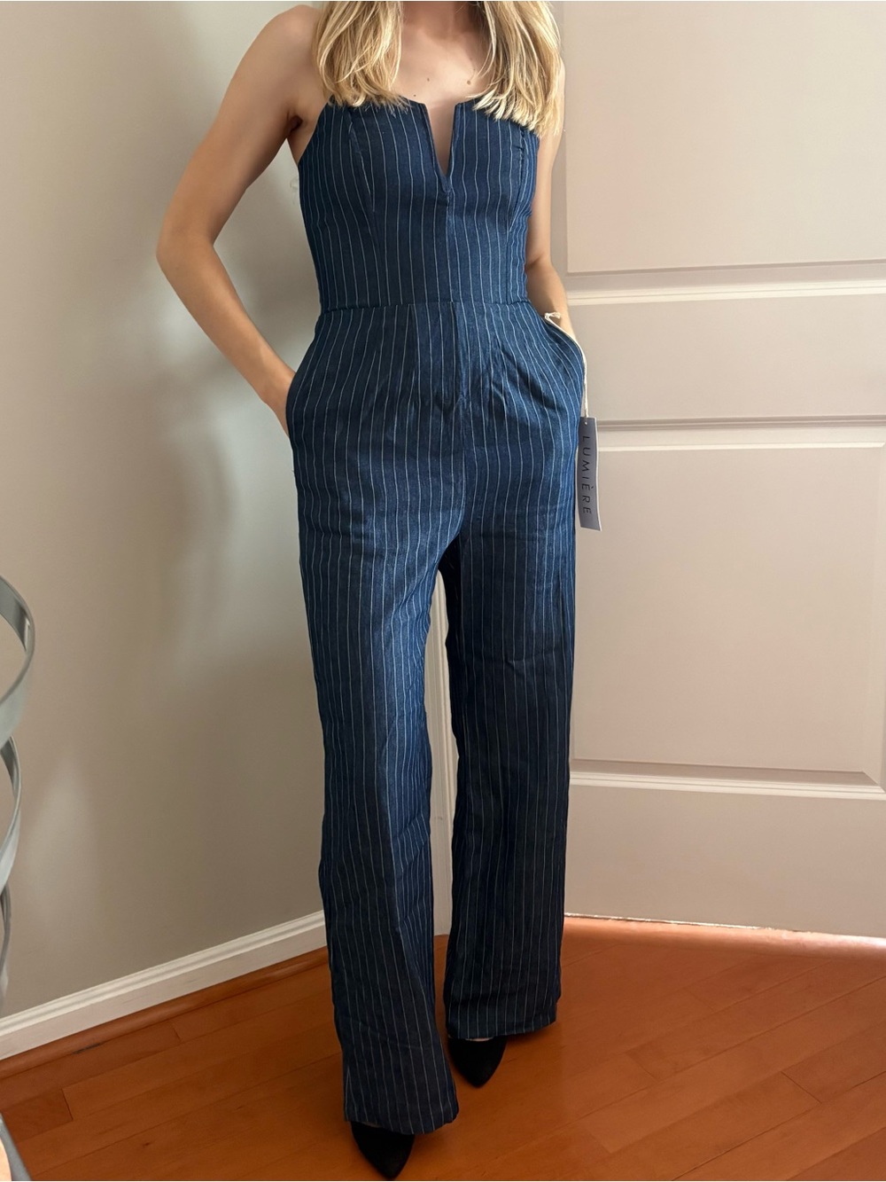 NWT Striped Navy Blue Strapless Jumpsuit